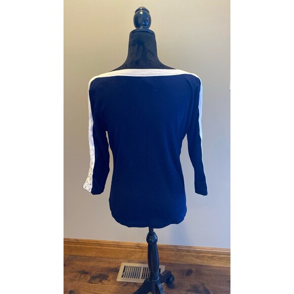 Chaps Blouse Size Large(measures  Med) Top Boat Neck Navy White Lacing on Cuffs - Picture 5 of 10
